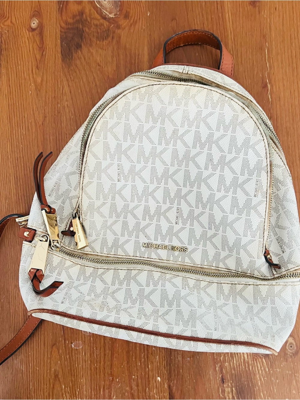 Michael Kors White Beige Monogram Backpack with Brown Trim